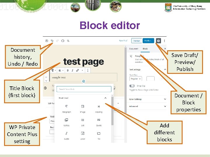 Block editor Document history, Undo / Redo Title Block (first block) WP Private Content