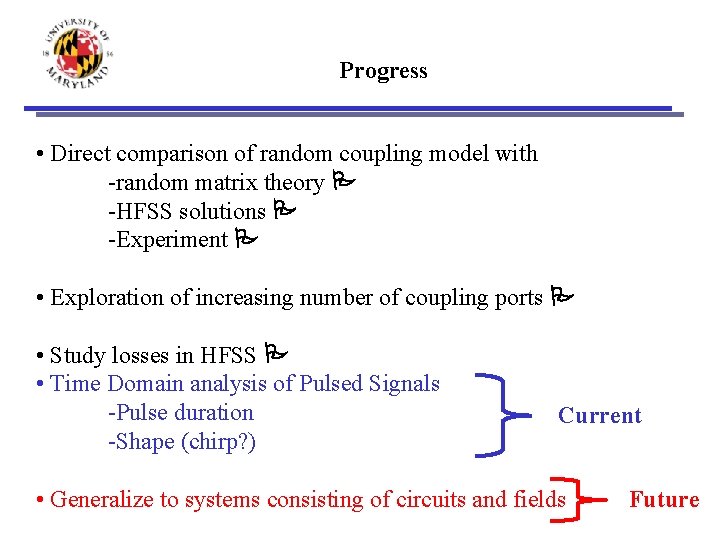 Progress • Direct comparison of random coupling model with -random matrix theory P -HFSS