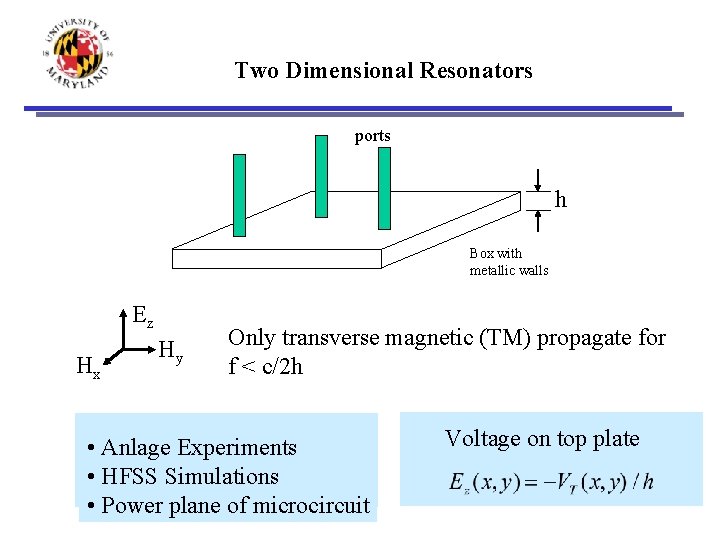 Two Dimensional Resonators ports h Box with metallic walls Ez Hx Hy Only transverse