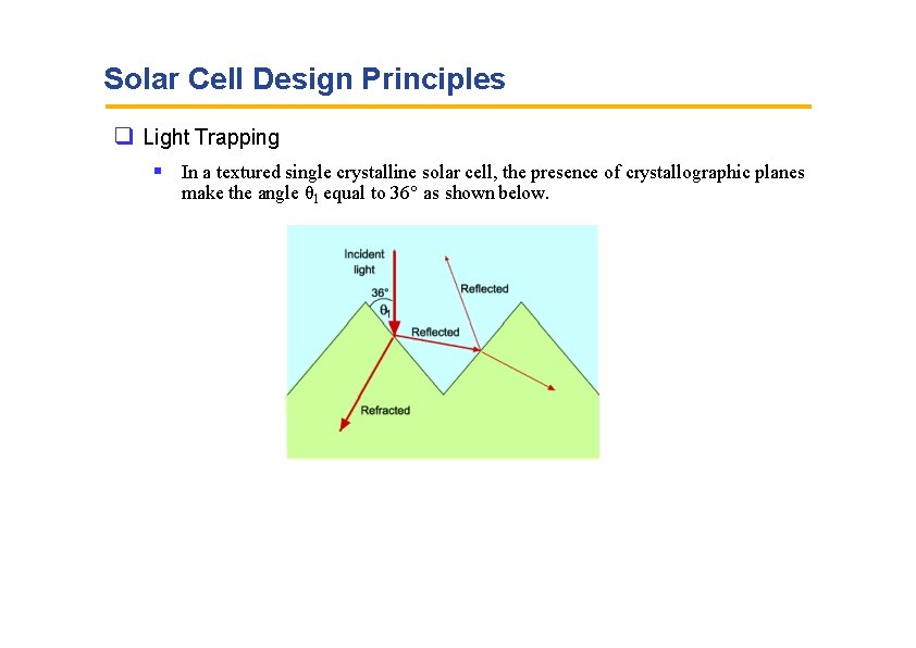 Solar Cell Design Principles Light Trapping In a textured single crystalline solar cell, the