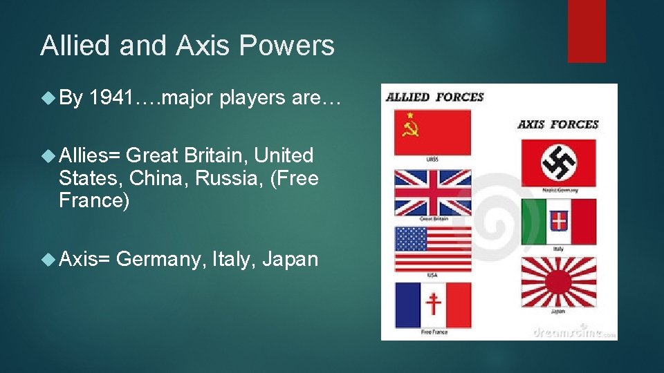 Allied and Axis Powers By 1941…. major players are… Allies= Great Britain, United States, Allied and Axis Powers By 1941…. major players are… Allies= Great Britain, United States,