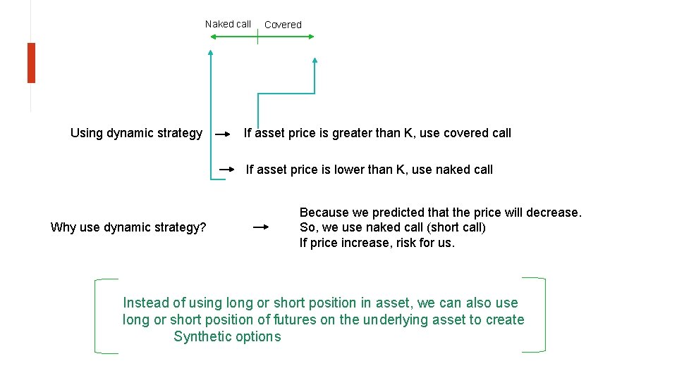 Naked call Using dynamic strategy Covered If asset price is greater than K, use