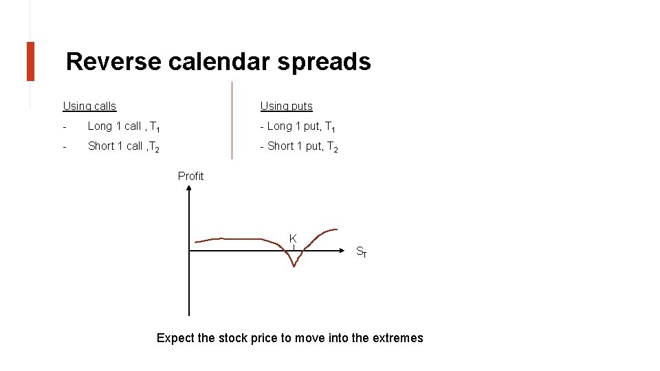 Reverse calendar spreads Using calls Using puts - Long 1 call , T 1