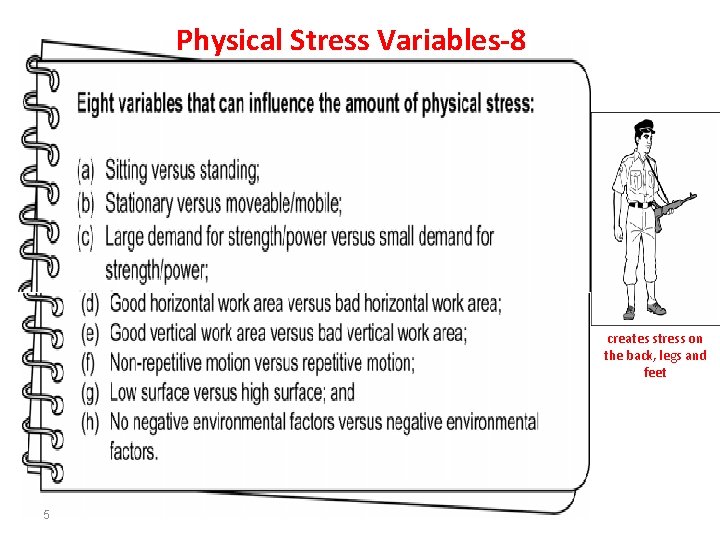 Physical Stress Variables-8 creates stress on the back, legs and feet 5 