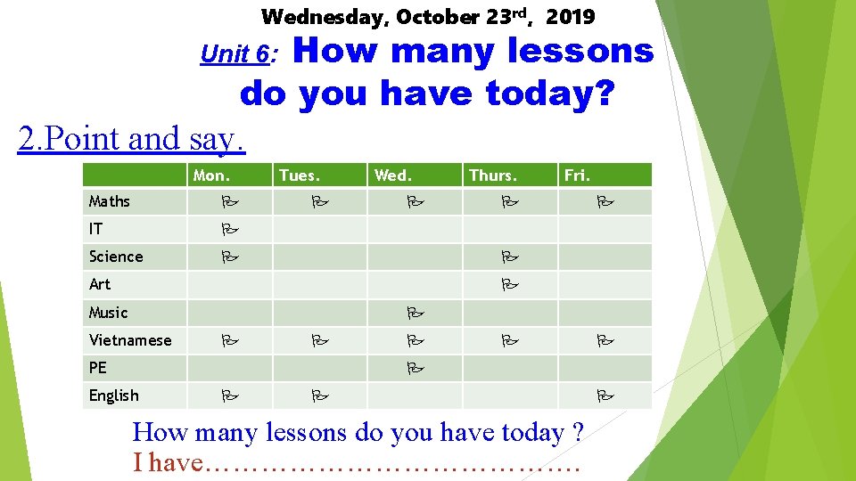 Wednesday, October 23 rd, 2019 How many lessons do you have today? 2. Point