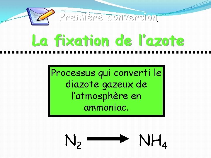 Première conversion La fixation de l’azote Processus qui converti le diazote gazeux de l’atmosphère