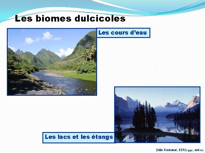 Les biomes dulcicoles Les cours d’eau Les lacs et les étangs Julie Fontaine, EDU