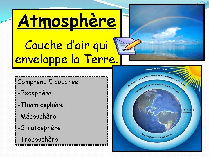 Atmosphère Couche d’air qui enveloppe la Terre. Comprend 5 couches: -Exosphère -Thermosphère -Mésosphère -Stratosphère