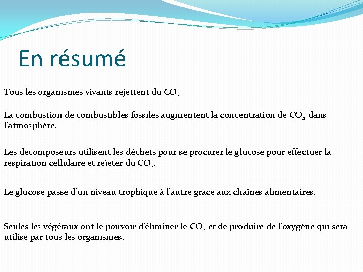 En résumé Tous les organismes vivants rejettent du CO 2 La combustion de combustibles