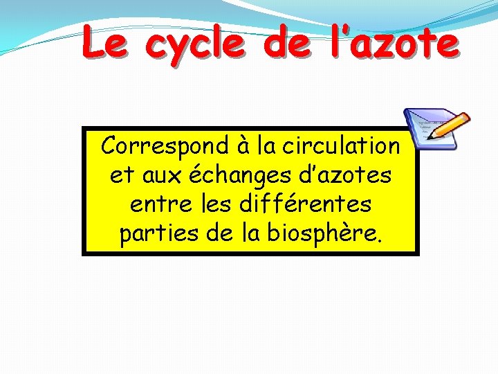 Le cycle de l’azote Correspond à la circulation et aux échanges d’azotes entre les