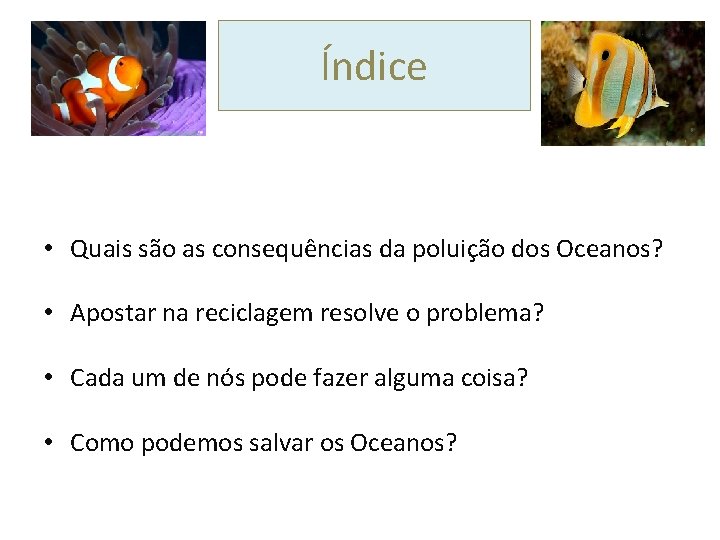 Índice • Quais são as consequências da poluição dos Oceanos? • Apostar na reciclagem