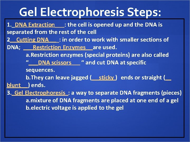 Gel Electrophoresis Steps: 1. _DNA Extraction___: the cell is opened up and the DNA