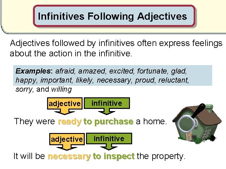Infinitives Following Adjectives followed by infinitives often express feelings about the action in the