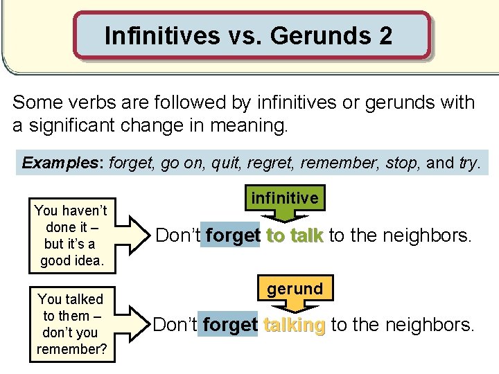 Infinitives vs. Gerunds 2 Some verbs are followed by infinitives or gerunds with a