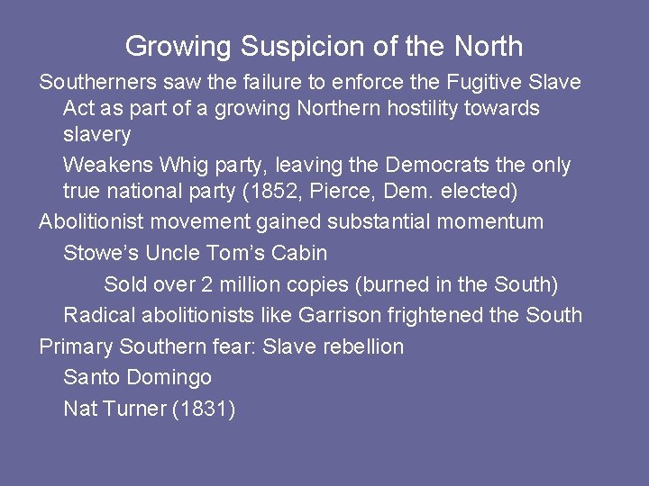 Growing Suspicion of the North Southerners saw the failure to enforce the Fugitive Slave Growing Suspicion of the North Southerners saw the failure to enforce the Fugitive Slave