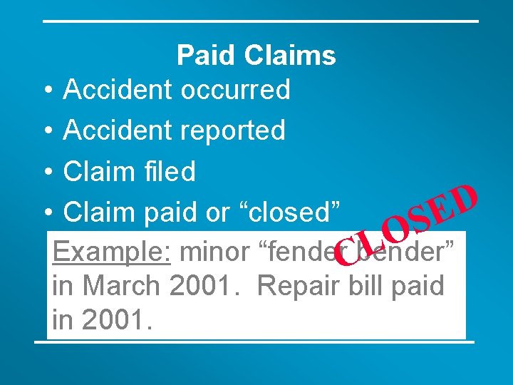 Paid Claims • Accident occurred • Accident reported • Claim filed D • Claim