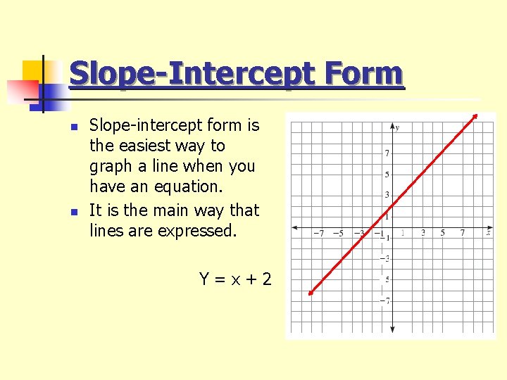 Slope-Intercept Form n n Slope-intercept form is the easiest way to graph a line