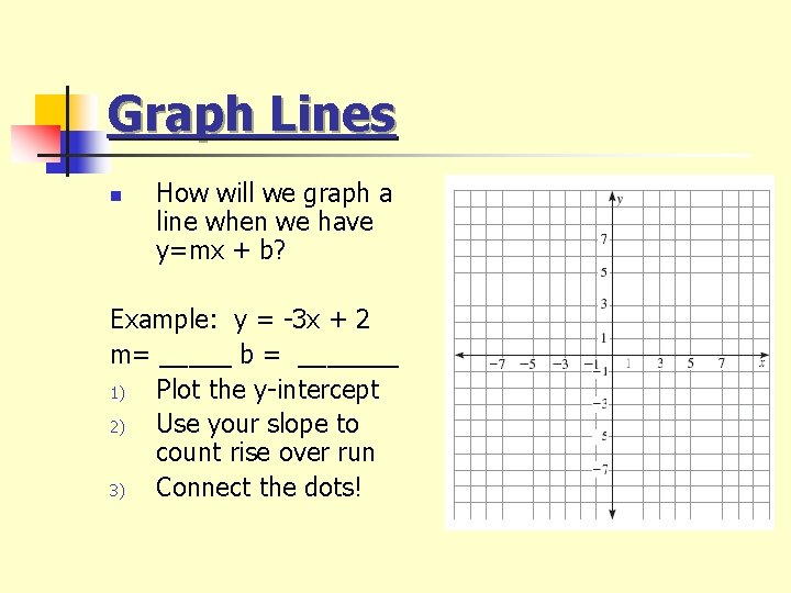 Graph Lines n How will we graph a line when we have y=mx +