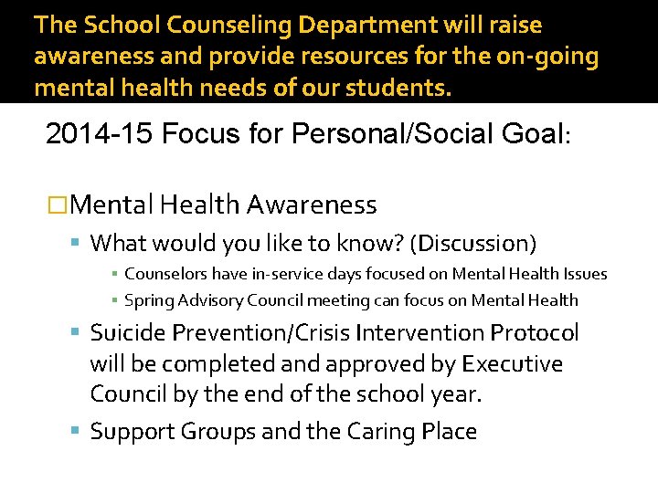 The School Counseling Department will raise awareness and provide resources for the on-going mental