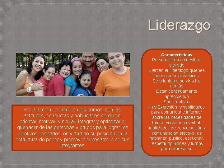 Liderazgo Es la acción de influir en los demás, son las actitudes, conductas y