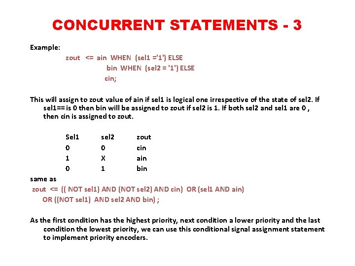 CONCURRENT STATEMENTS - 3 Example: zout <= ain WHEN (sel 1 ='1') ELSE bin