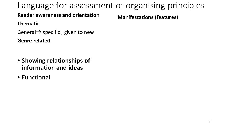 Language for assessment of organising principles Reader awareness and orientation Thematic General specific ,