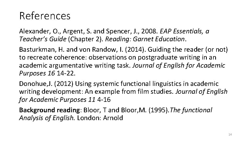 References Alexander, O. , Argent, S. and Spencer, J. , 2008. EAP Essentials, a