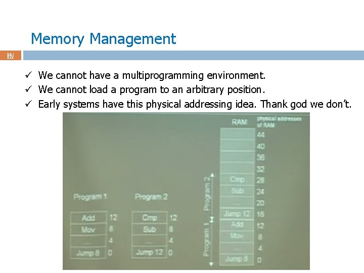 Memory Management 10 / 122 ü We cannot have a multiprogramming environment. ü We