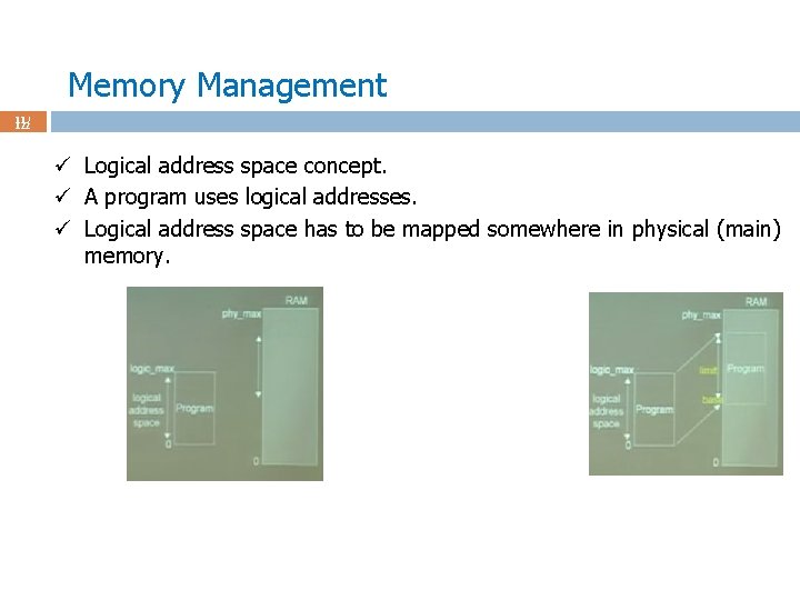 Memory Management 11 / 122 ü Logical address space concept. ü A program uses
