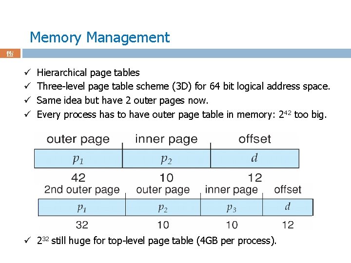 Memory Management 66 / 122 ü ü Hierarchical page tables Three-level page table scheme