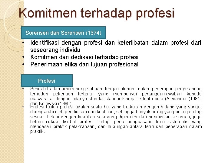 Komitmen terhadap profesi Sorensen dan Sorensen (1974) • Identifikasi dengan profesi dan keterlibatan dalam