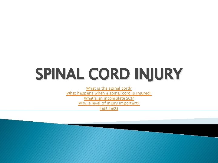 SPINAL CORD INJURY What is the spinal cord? What happens when a spinal cord