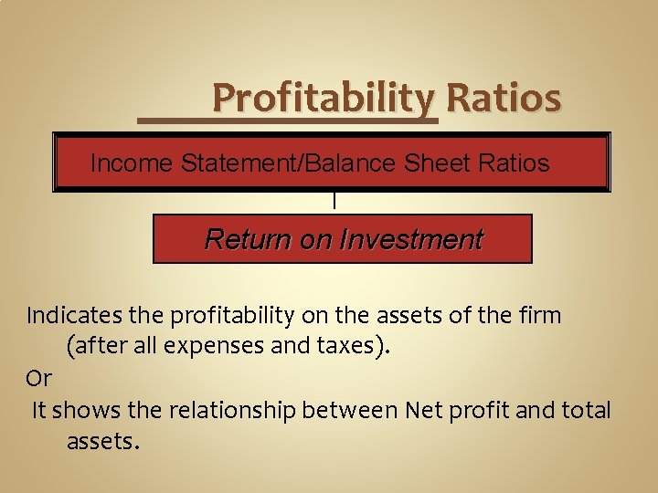 Profitability Ratios Income Statement/Balance Sheet Ratios Return on Investment Indicates the profitability on the