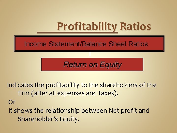 Profitability Ratios Income Statement/Balance Sheet Ratios Return on Equity Indicates the profitability to the