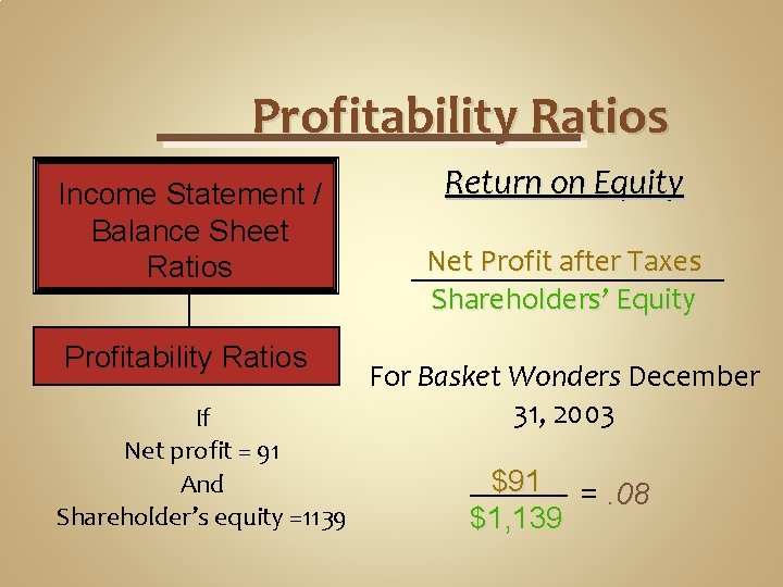 Profitability Ratios Income Statement / Balance Sheet Ratios Profitability Ratios If Net profit =