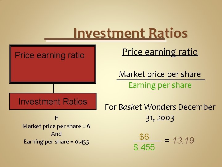 Investment Ratios Price earning ratio Market price per share Earning per share Investment Ratios