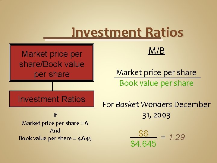 Investment Ratios Market price per share/Book value per share Investment Ratios If Market price