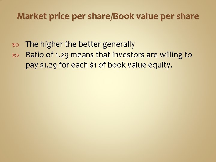 Market price per share/Book value per share The higher the better generally Ratio of