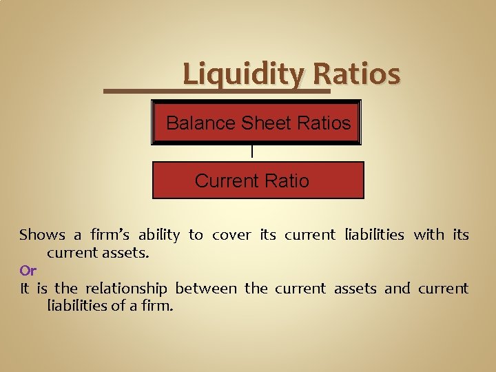 Liquidity Ratios Balance Sheet Ratios Current Ratio Shows a firm’s ability to cover its