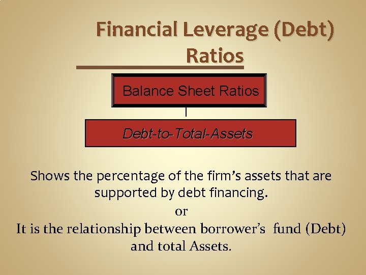 Financial Leverage (Debt) Ratios Balance Sheet Ratios Debt-to-Total-Assets Shows the percentage of the firm’s