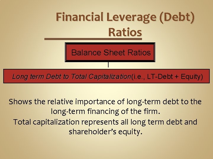 Financial Leverage (Debt) Ratios Balance Sheet Ratios Long term Debt to Total Capitalization(i. e.