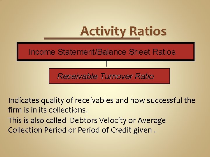 Activity Ratios Income Statement/Balance Sheet Ratios Receivable Turnover Ratio Indicates quality of receivables and