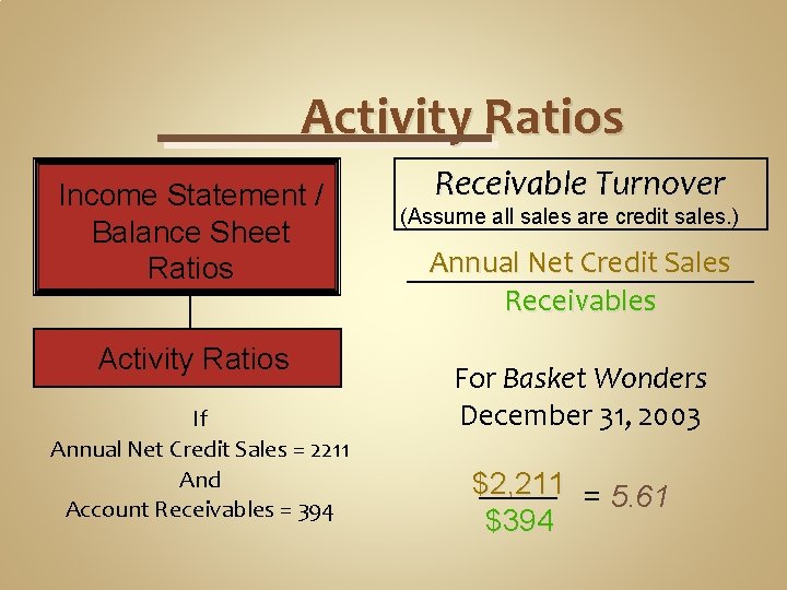 Activity Ratios Income Statement / Balance Sheet Ratios Activity Ratios If Annual Net Credit