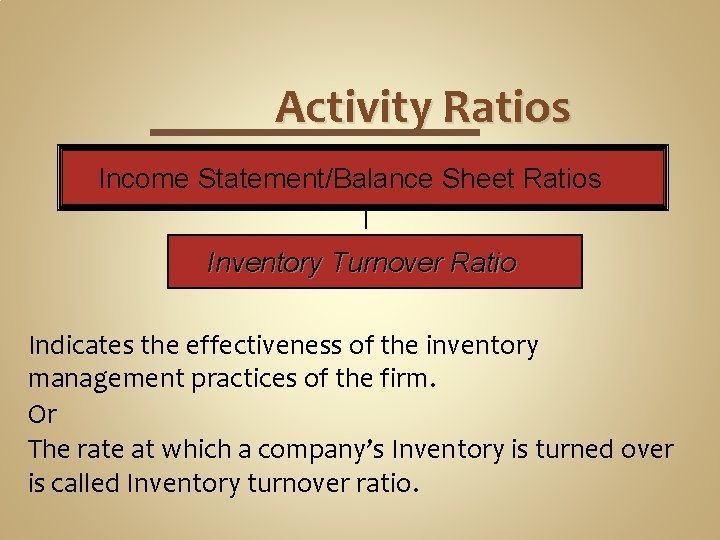 Activity Ratios Income Statement/Balance Sheet Ratios Inventory Turnover Ratio Indicates the effectiveness of the