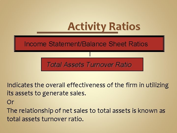 Activity Ratios Income Statement/Balance Sheet Ratios Total Assets Turnover Ratio Indicates the overall effectiveness