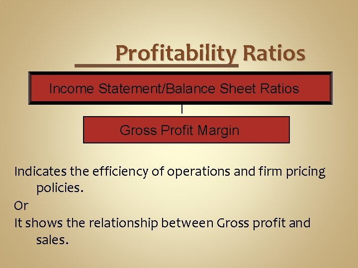 Profitability Ratios Income Statement/Balance Sheet Ratios Gross Profit Margin Indicates the efficiency of operations