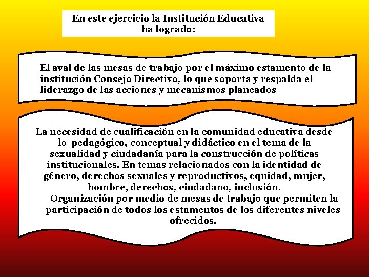 En este ejercicio la Institución Educativa ha logrado: El aval las mesas de trabajo