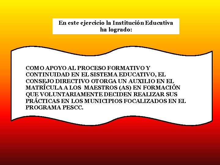 En este ejercicio la Institución Educativa ha logrado: COMO APOYO AL PROCESO FORMATIVO Y