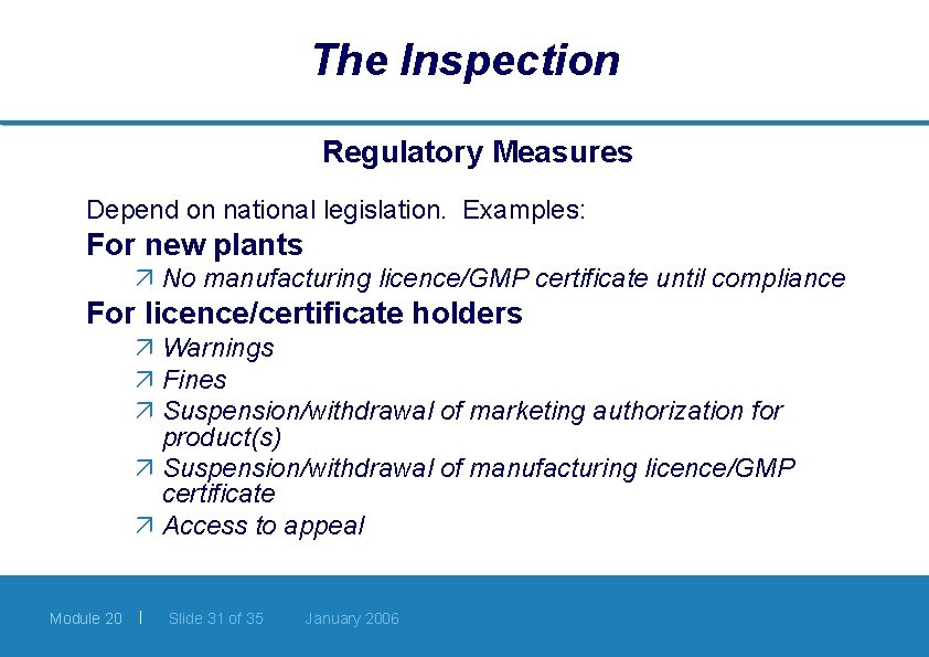 The Inspection Regulatory Measures Depend on national legislation. Examples: For new plants ä No