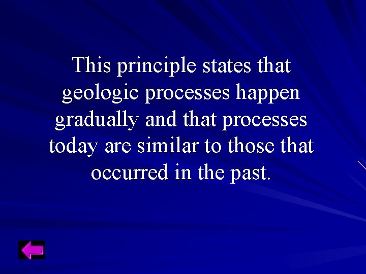This principle states that geologic processes happen gradually and that processes today are similar This principle states that geologic processes happen gradually and that processes today are similar